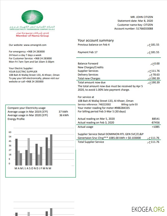 Oman Electricity Transmission Company electricity utility bill template in Word and PDF format